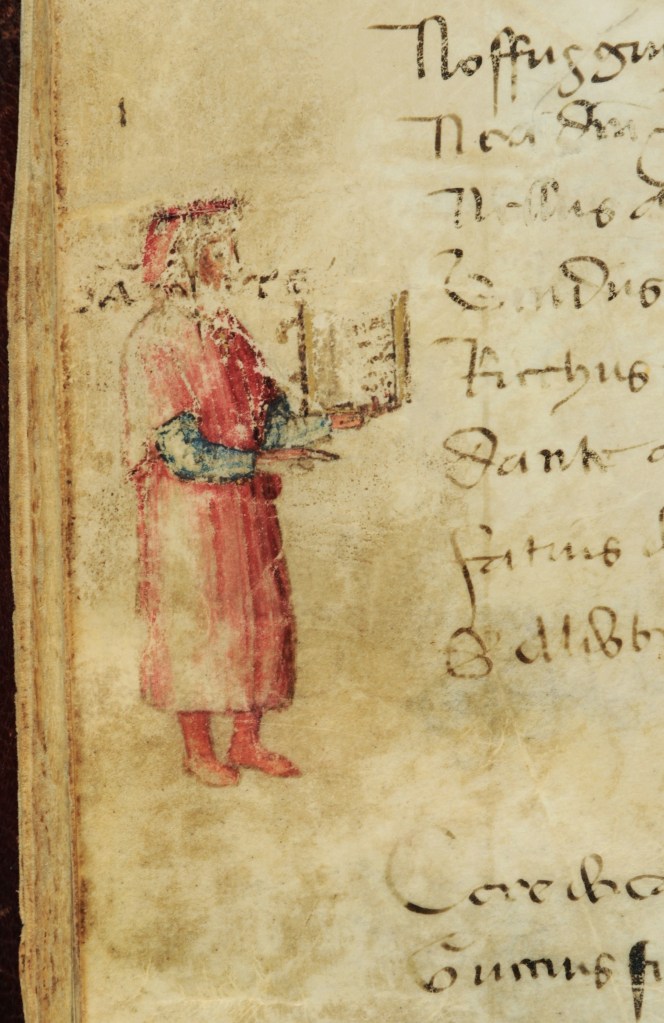 Miniatura dell’Archivio di Stato di Firenze con Dante quasi di profilo, in abiti tradizionali e con un libro aperto in mano.