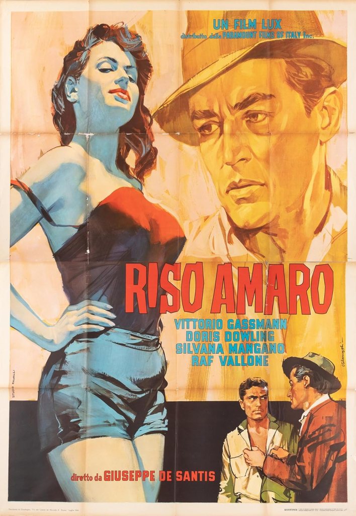 Locandina del film Riso amaro, con figura femminile in primo piano e ambientazione legata al lavoro delle mondine.