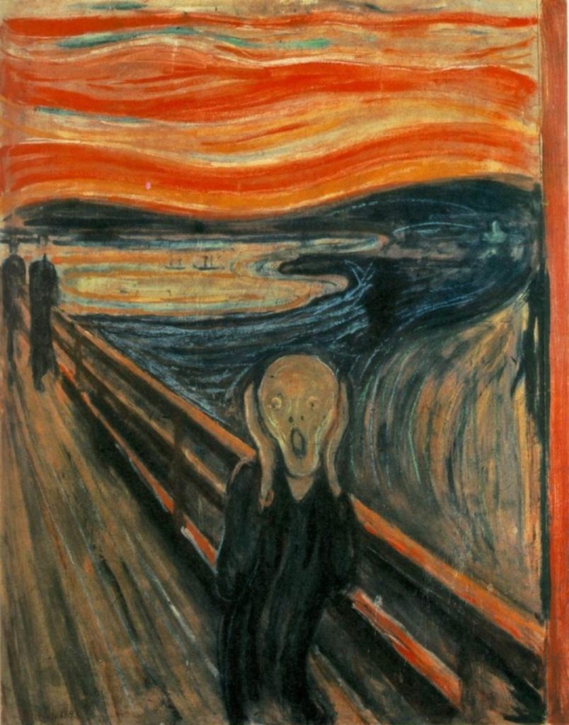 Edvard Munch, L’Urlo, come immagine simbolica della vergogna che diventa conoscenza Il dipinto L’Urlo di Edvard Munch, figura umana con il volto deformato dall’angoscia su un ponte sotto un cielo acceso.