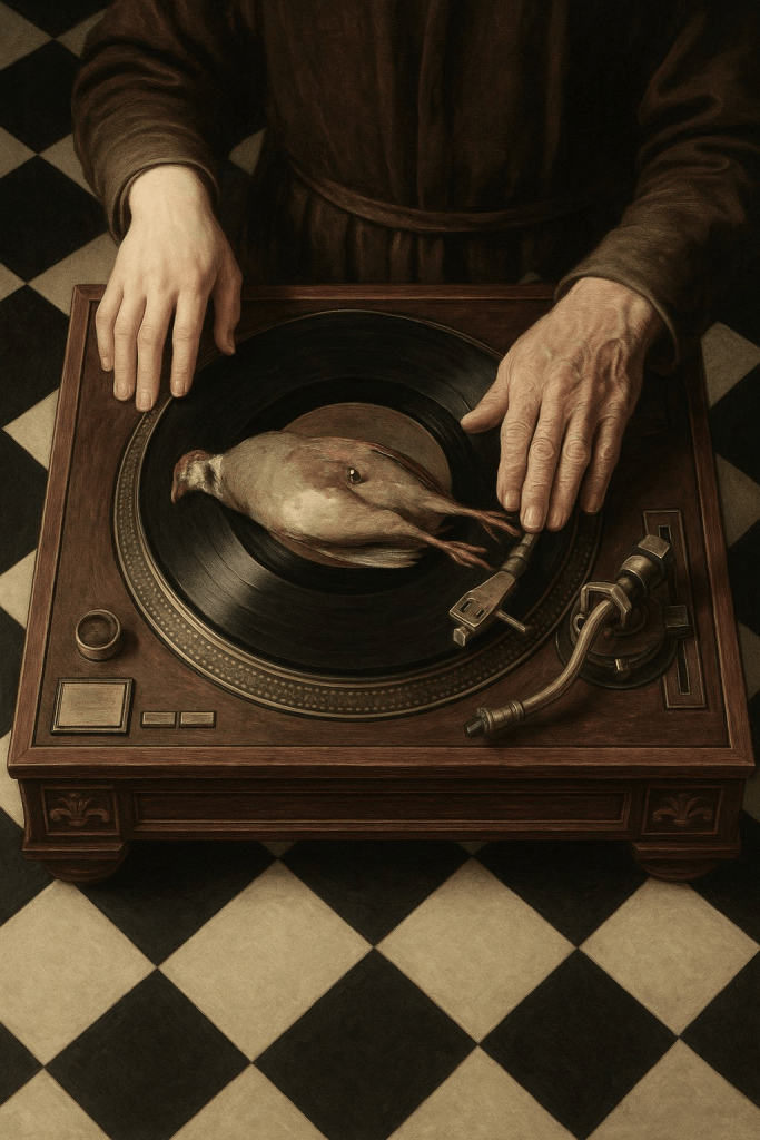 Pernice morta adagiata sul piatto di un giradischi tra mani pronte all’ascolto, immagine simbolica di “Alcmane’ remix” Pernice morta adagiata sul piatto di un giradischi tra mani pronte all’ascolto, immagine simbolica di “Alcmane’ remix”
