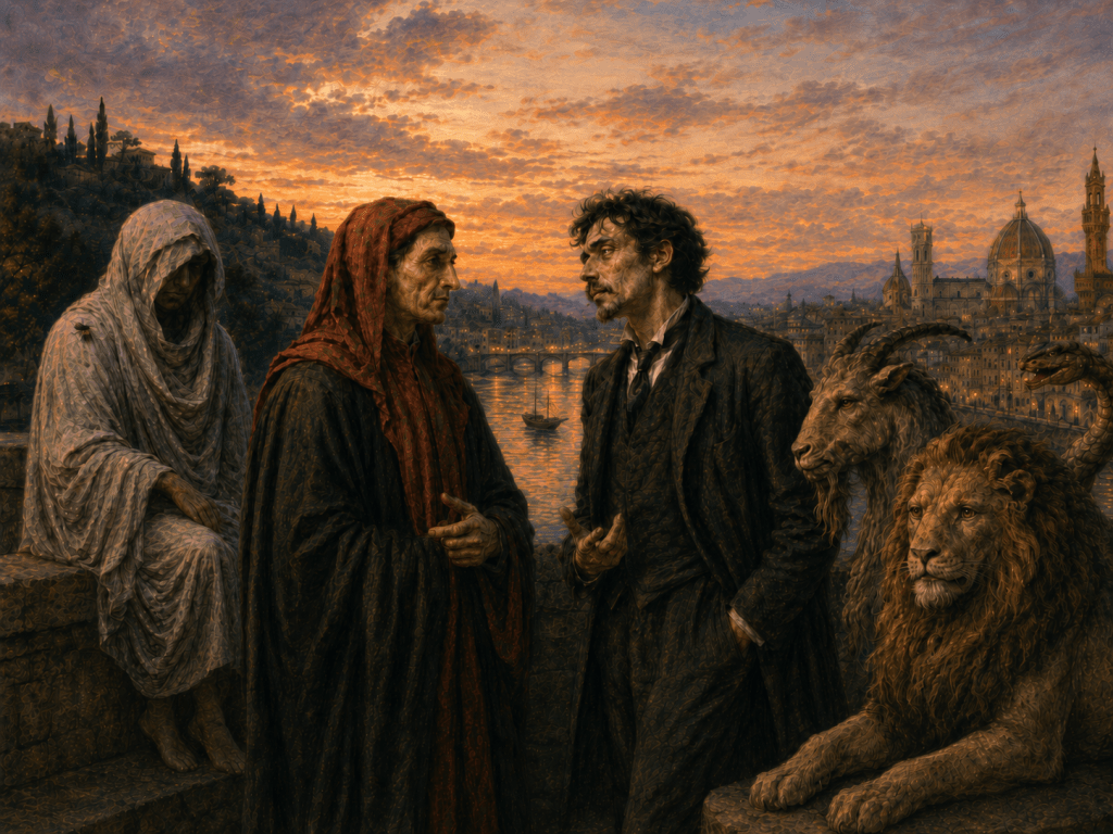 Boccaccio, Dino Campana, Sennuccio e Chimera su un ponte sull’Arno al crepuscolo