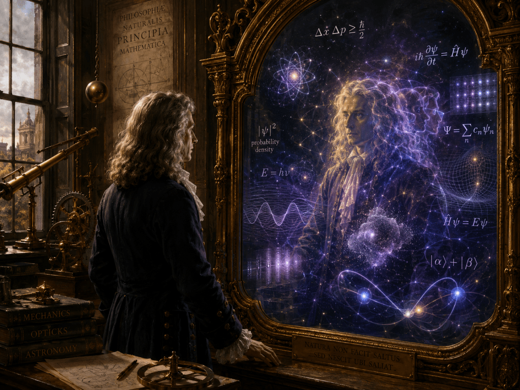Figura della fisica classica davanti a uno specchio in cui appare la fisica quantistica, tra strumenti scientifici antichi, formule e riflessi cosmici.