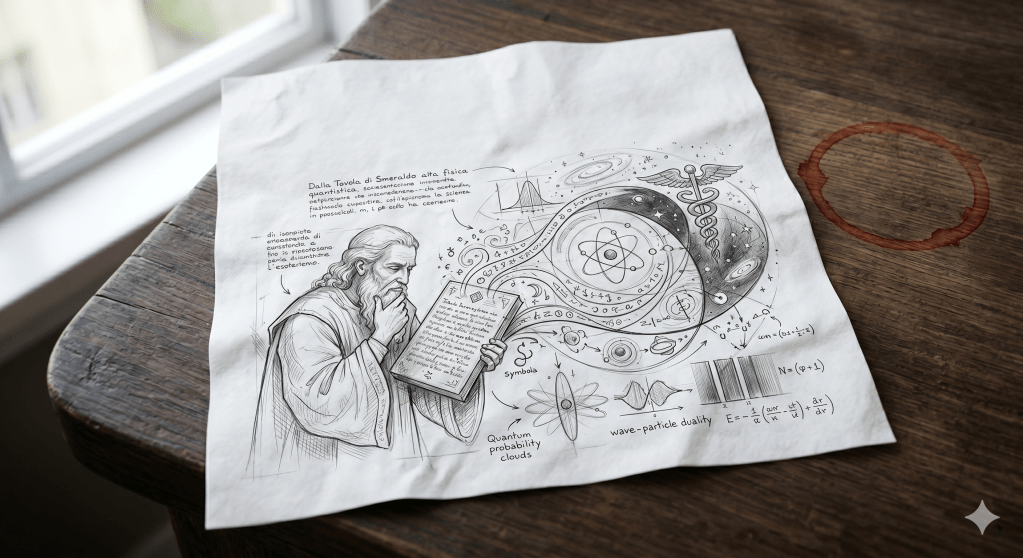 Foglio illustrato su un tavolo con figura di sapiente antico, diagrammi cosmologici e formule, simbolo dell’incontro tra conoscenza tradizionale e scienza moderna