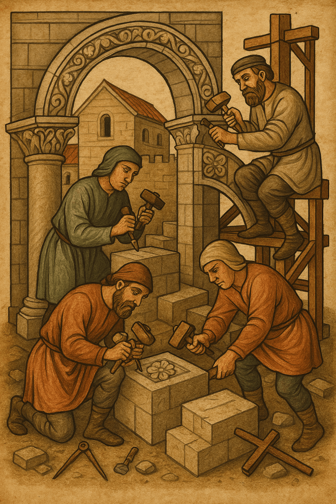 Artigiani che lavorano pietre e legno in un cantiere medievale, immagine simbolica del dovere come costruzione.