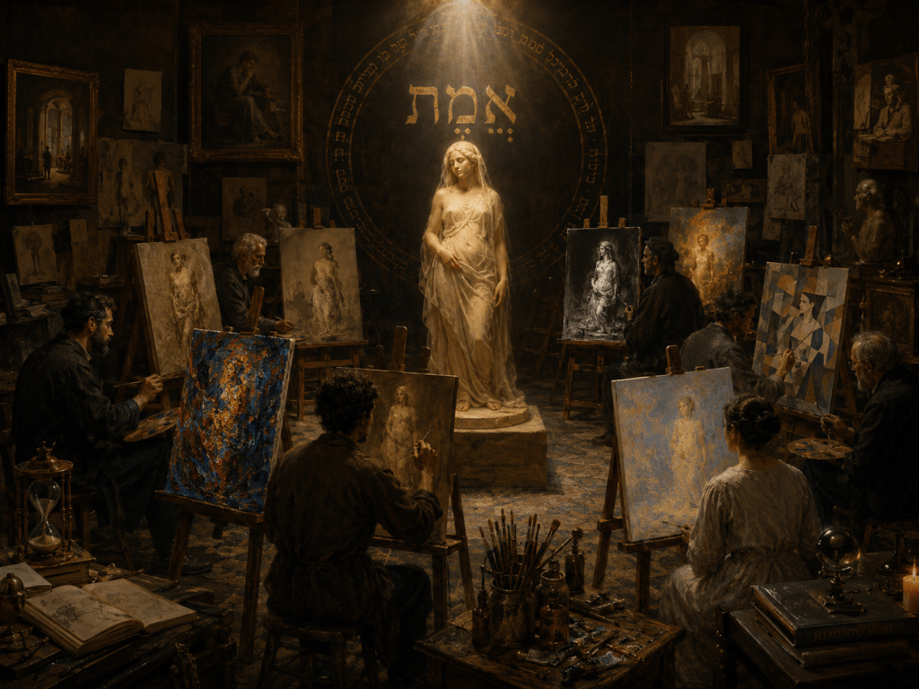 Gabinetto d’artisti in penombra con la Verità al centro, indicata dalla parola ebraica אֱמֶת, mentre diversi pittori la osservano e la rappresentano da prospettive differenti.