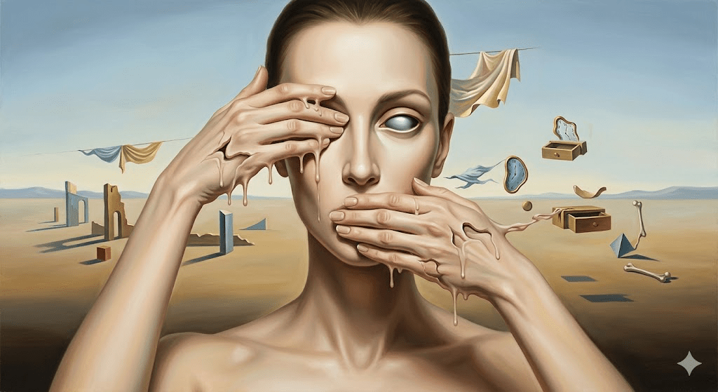 Donna dal volto parzialmente coperto dalle mani, in un paesaggio sospeso e desertico, come figura simbolica del ritiro e della percezione interrotta.