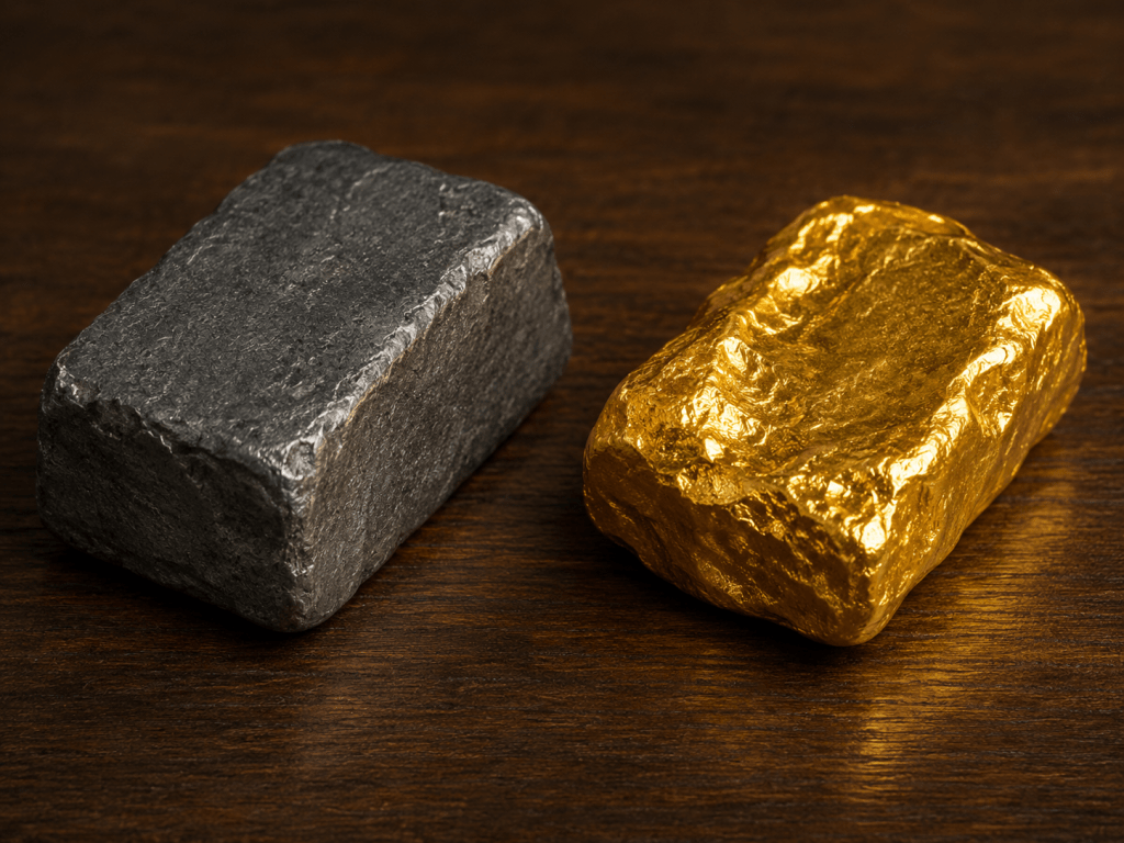 Un blocco di piombo e una pepita d’oro su un tavolo, simboli alchemici della trasformazione della coscienza